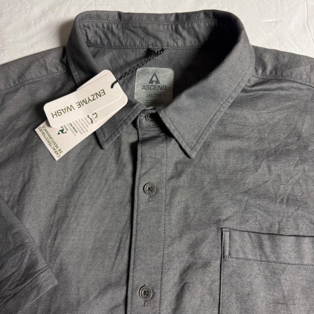Ascend Mens Gray Enzyme Wash Short Sleeve Button Down Shirt 2XL Performance